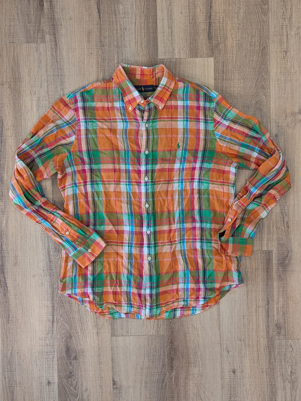 Ralph Lauren Orange, Green & Pink Plaid Button-Down Shirt 100% Linen